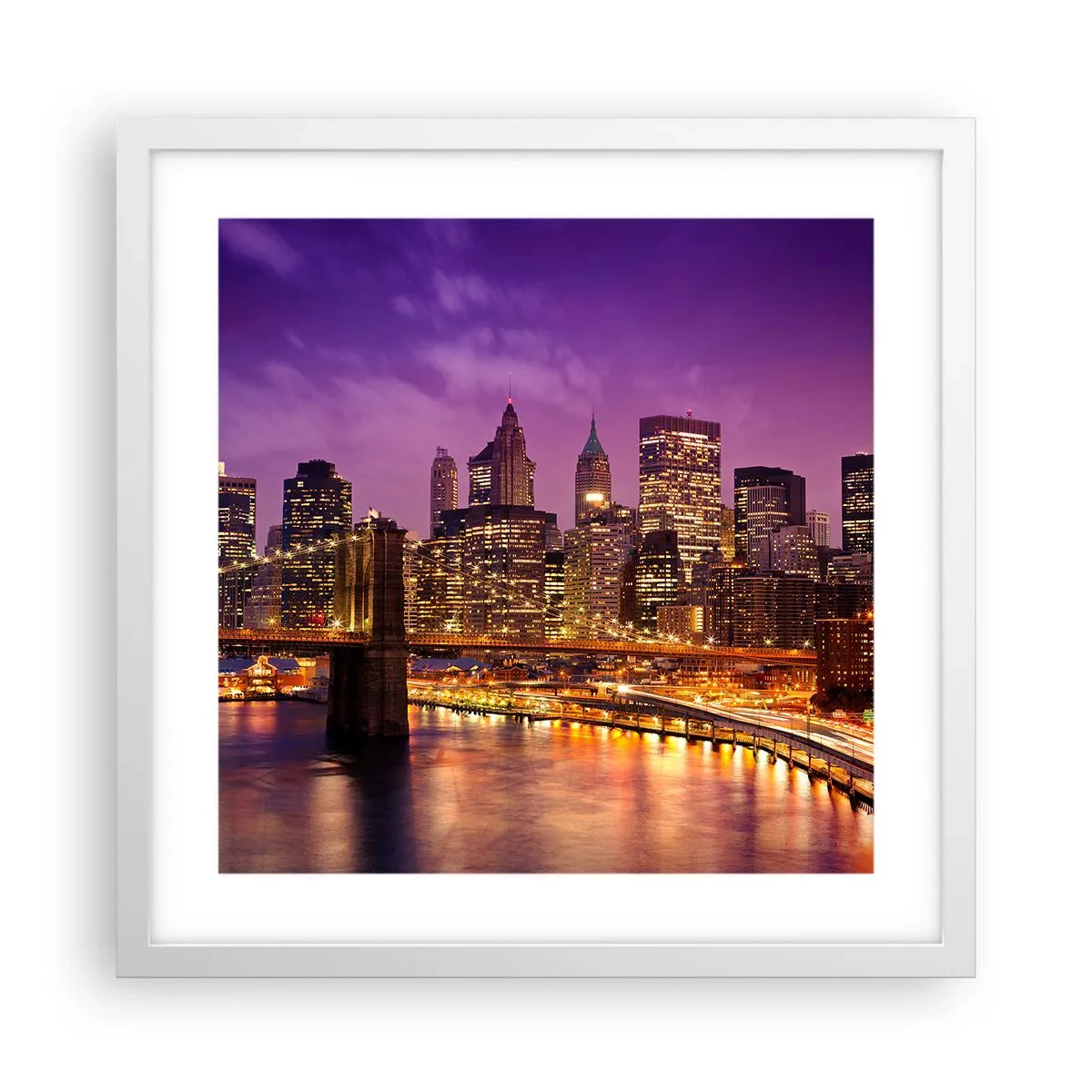 Poster in cornice bianca - Manhattan in viola e oro - 40x40 cm