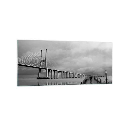 Quadro su vetro - Un ponte sospeso sull'acqua in bianco e nero - 120x50cm - A ciascuno ciò che gli spetta - Decorazione murale moderna per soggiorno e camera da letto ARTTOR