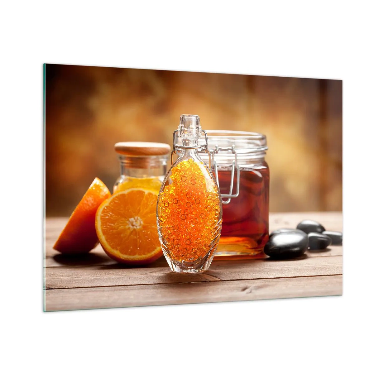 Quadro su vetro - Una bottiglia di olio e un'arancia su un tavolo di legno - 100x70cm - Il gusto e l'aroma del sole - Decorazione murale moderna per soggiorno e camera da letto ARTTOR