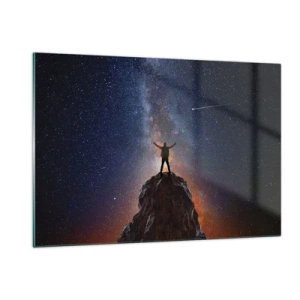 Quadro su vetro - Silhouette di un uomo in cima a una roccia sotto un cielo stellato - 120x80cm - La forza è con me! - Decorazione murale moderna per soggiorno e camera da letto ARTTOR