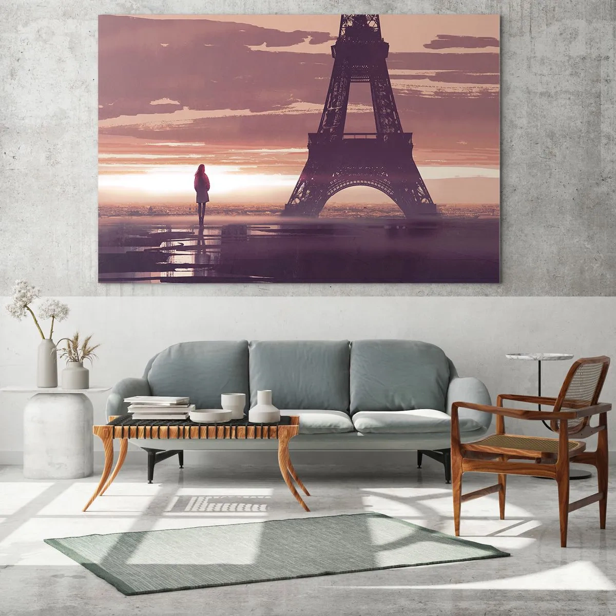 Quadro su vetro - La Torre Eiffel al tramonto con la sagoma di una persona - 120x80cm - Solo loro due - Decorazione murale moderna per soggiorno e camera da letto ARTTOR