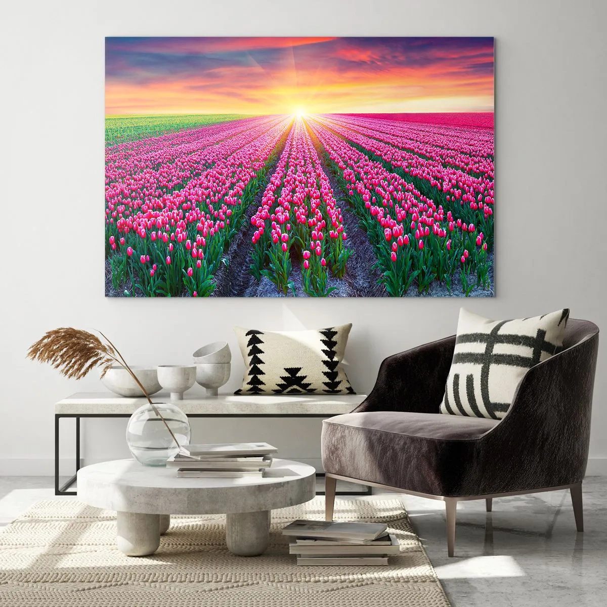 Quadro su vetro - Un campo di tulipani rosa sotto i raggi del sole al tramonto - 120x80cm - La fattoria della bellezza - Decorazione murale moderna per soggiorno e camera da letto ARTTOR