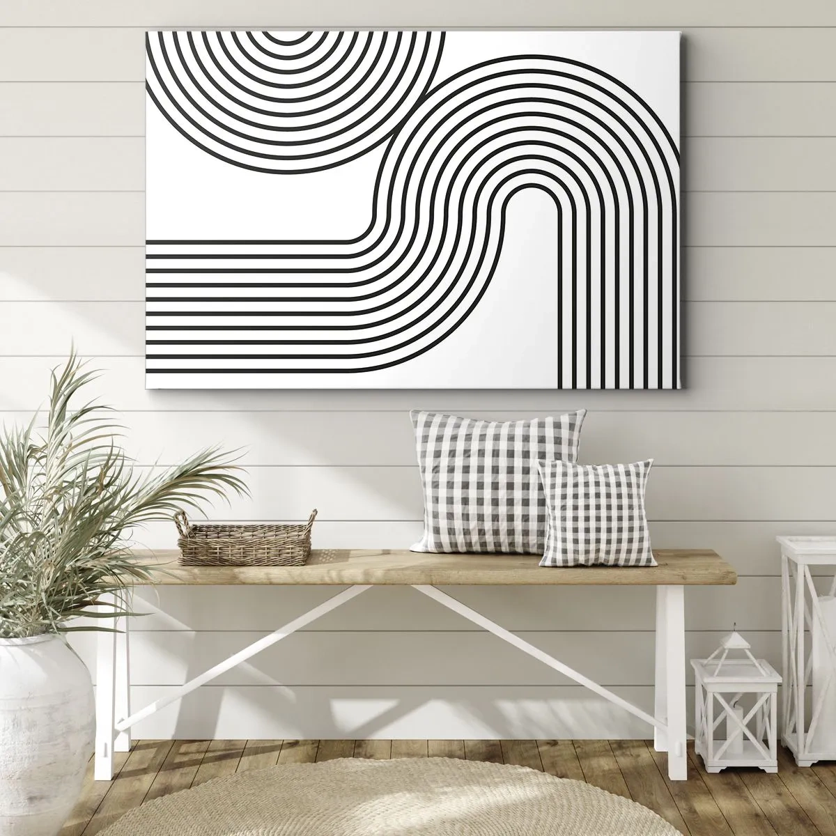 Quadro su tela - Stampe su Tela - Un dipinto astratto con linee nere che creano motivi geometrici su uno sfondo bianco. - 70x50cm - In curva - Decorazione murale moderna per soggiorno e camera da letto ARTTOR