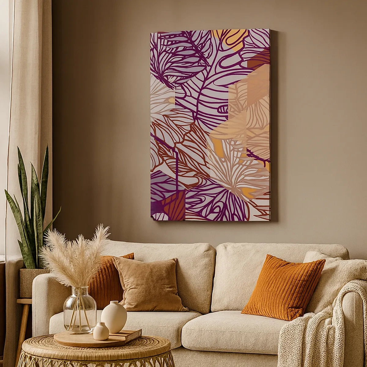 Quadro su tela - Stampe su Tela - Un motivo decorativo a foglie tropicali nelle tonalità del viola, dell'arancione e del beige. - 50x70cm - Legame impossibile di geometria e natura - Decorazione murale moderna per soggiorno e camera da letto ARTTOR
