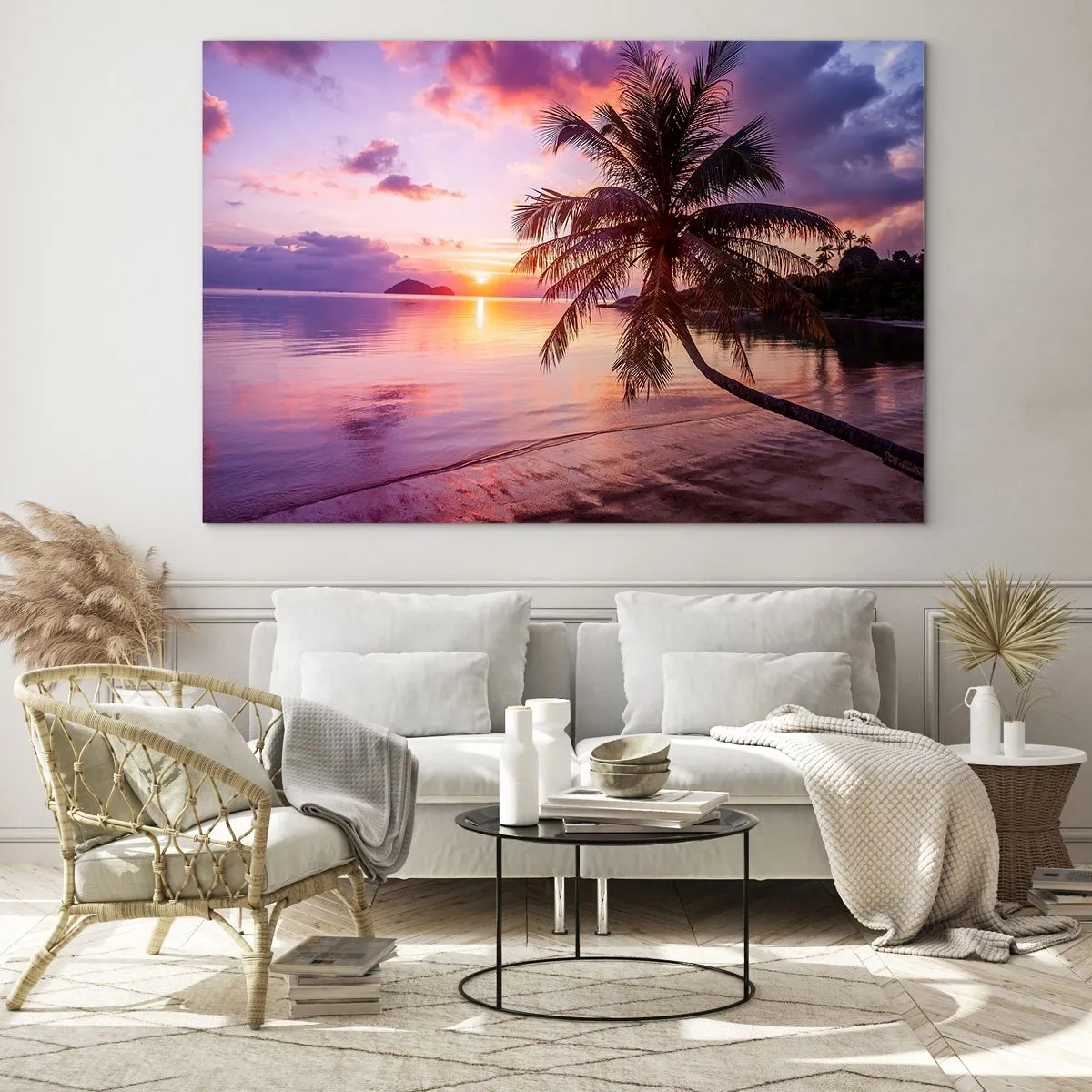 Quadro su vetro - Spiaggia esotica con una palma al tramonto - 70x50cm - Beatitudine a perdita d'occhio - Decorazione murale moderna per soggiorno e camera da letto ARTTOR