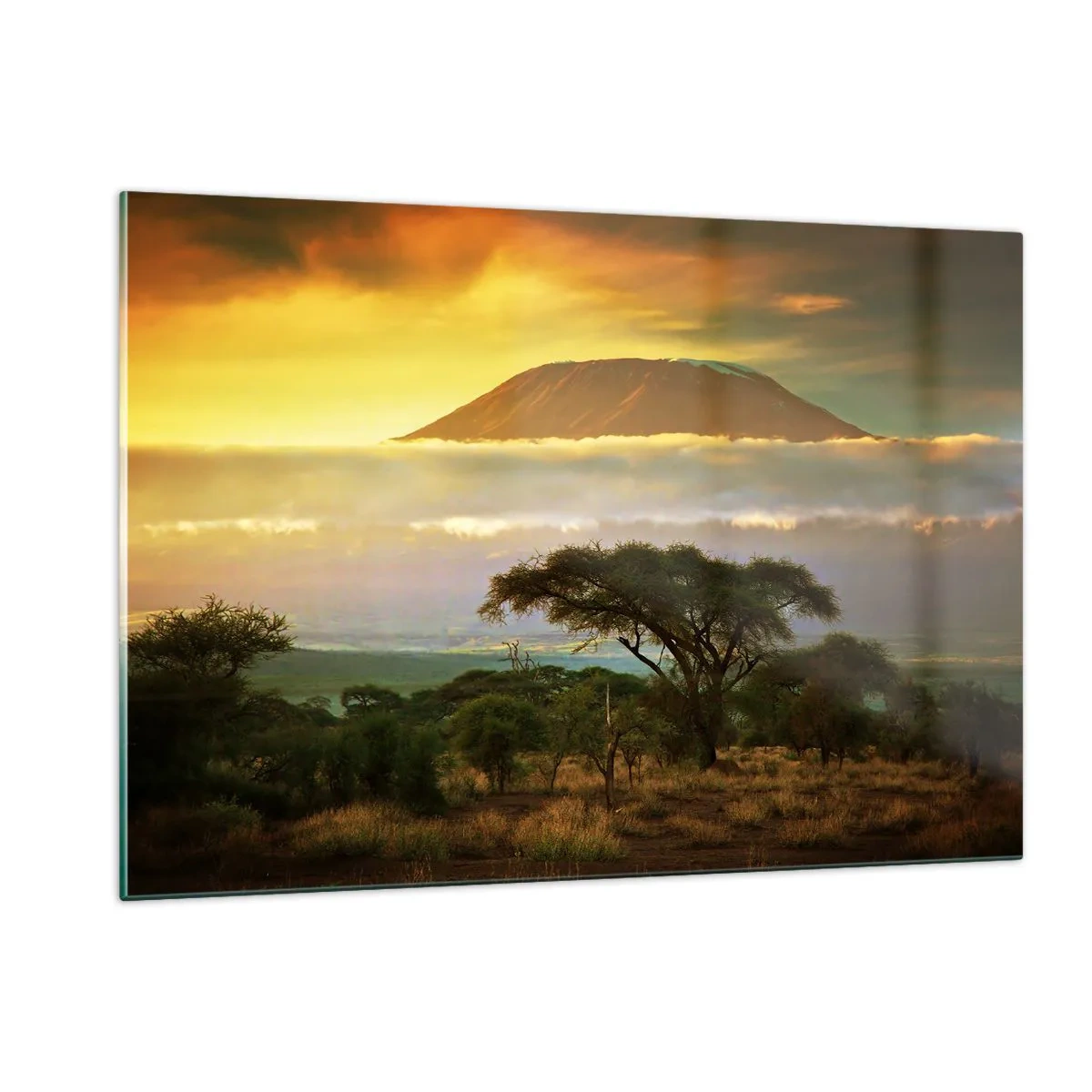 Quadro su vetro - Il monte Kilimanjaro circondato dalle nuvole sullo sfondo della savana africana - 120x80cm - Il sogno del viaggiatore - Decorazione murale moderna per soggiorno e camera da letto ARTTOR