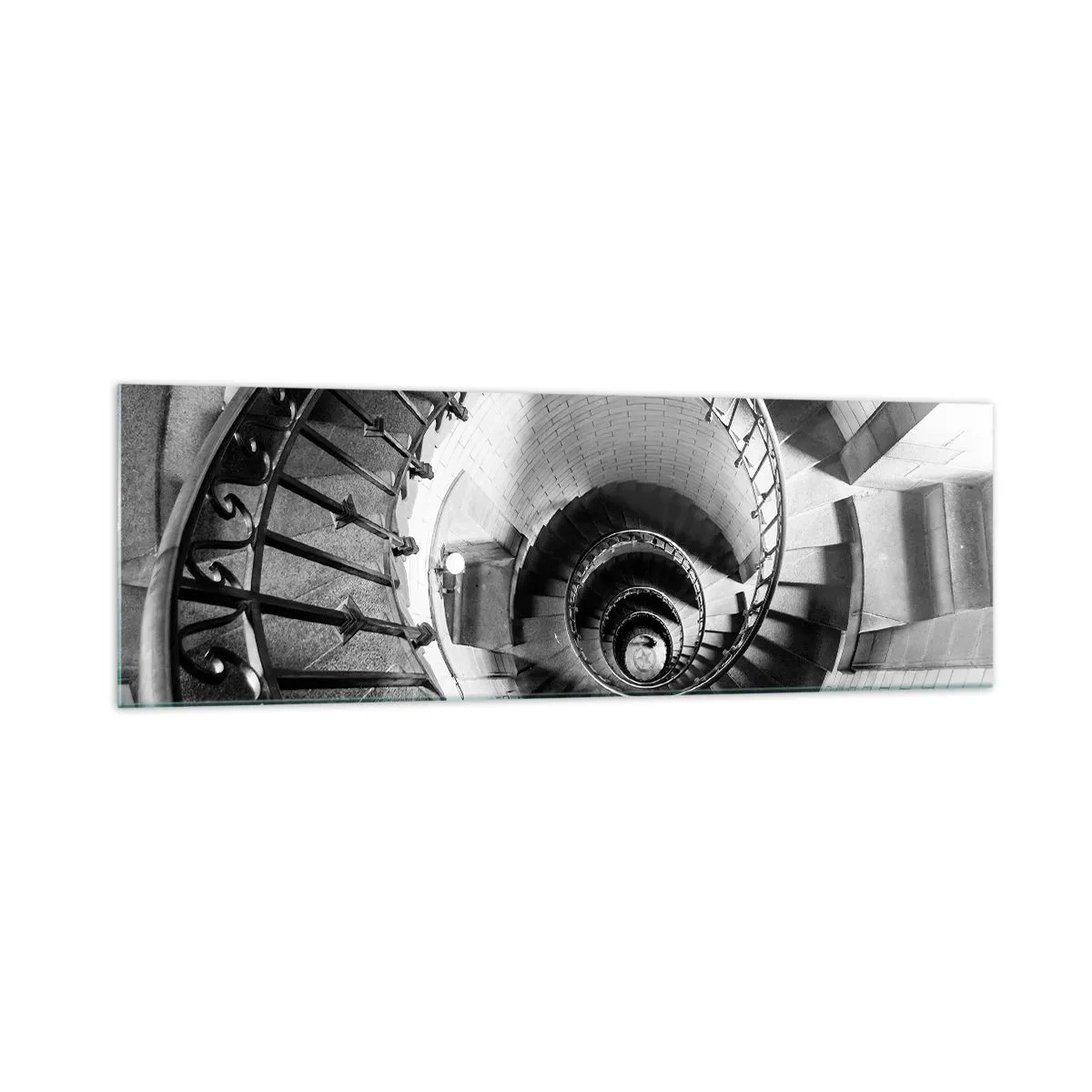 Quadro su vetro - Fotografia in bianco e nero di una scala a chiocciola con prospettiva dall'alto verso il basso - 160x50cm - Ancora più in alto - Decorazione murale moderna per soggiorno e camera da letto ARTTOR