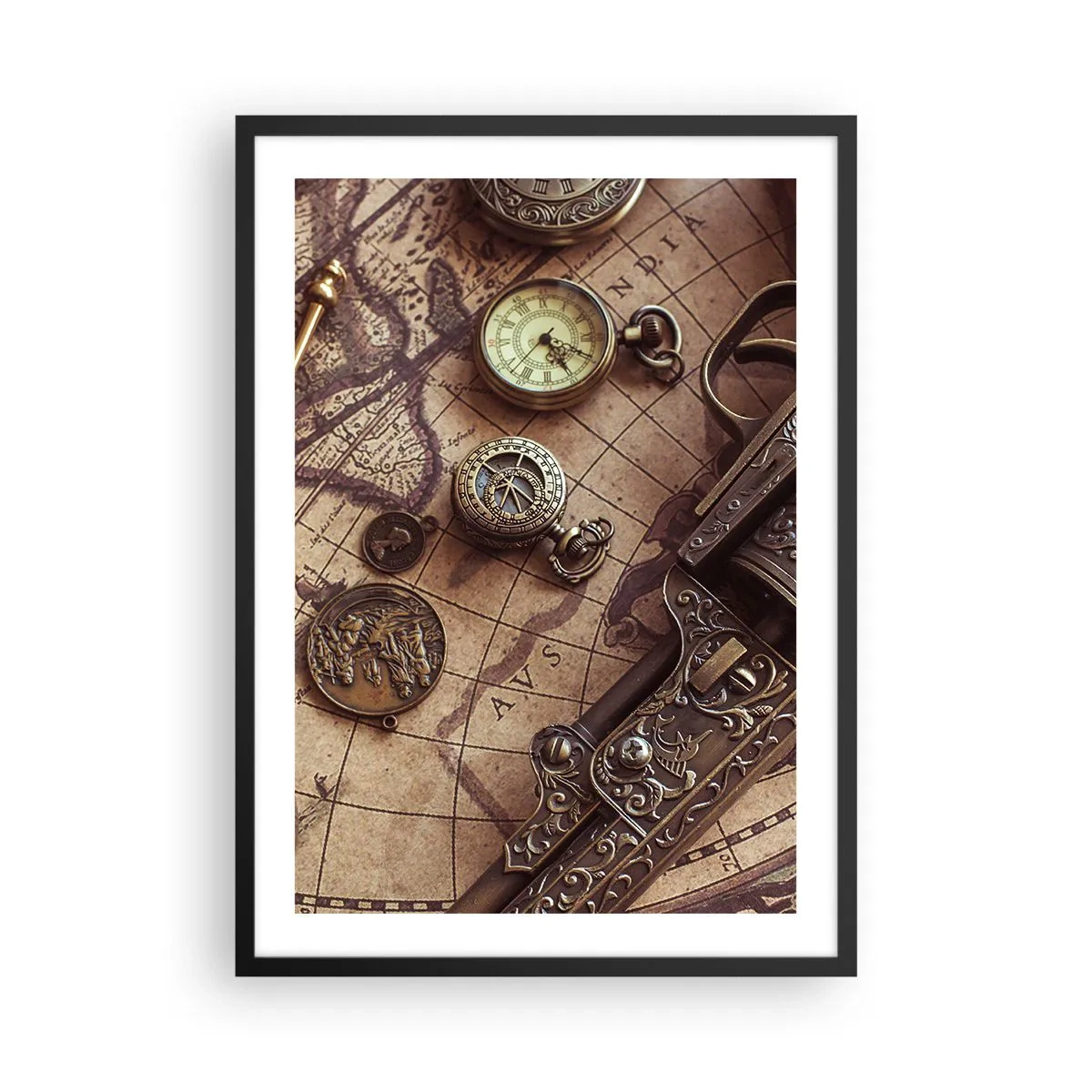 Poster in cornice nera - Una bussola, una mappa e oggetti antichi che simboleggiano l'avventura - 50x70cm - La natura chiama - Decorazione murale moderna per soggiorno e camera da letto ARTTOR
