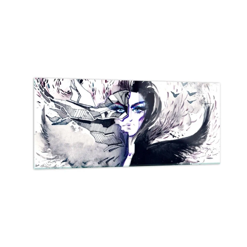 Quadro su vetro - Volto astratto con elementi contrastanti e motivo ad ala - 120x50cm - Bella e demoniaca - Decorazione murale moderna per soggiorno e camera da letto ARTTOR