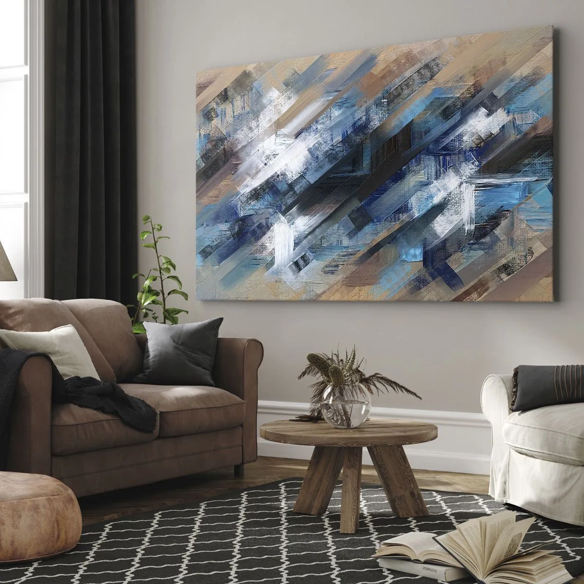 Quadro su tela - Stampe su Tela - Composizione astratta con linee diagonali blu - 70x50cm - Sulla diagonale blu - Decorazione murale moderna per soggiorno e camera da letto ARTTOR