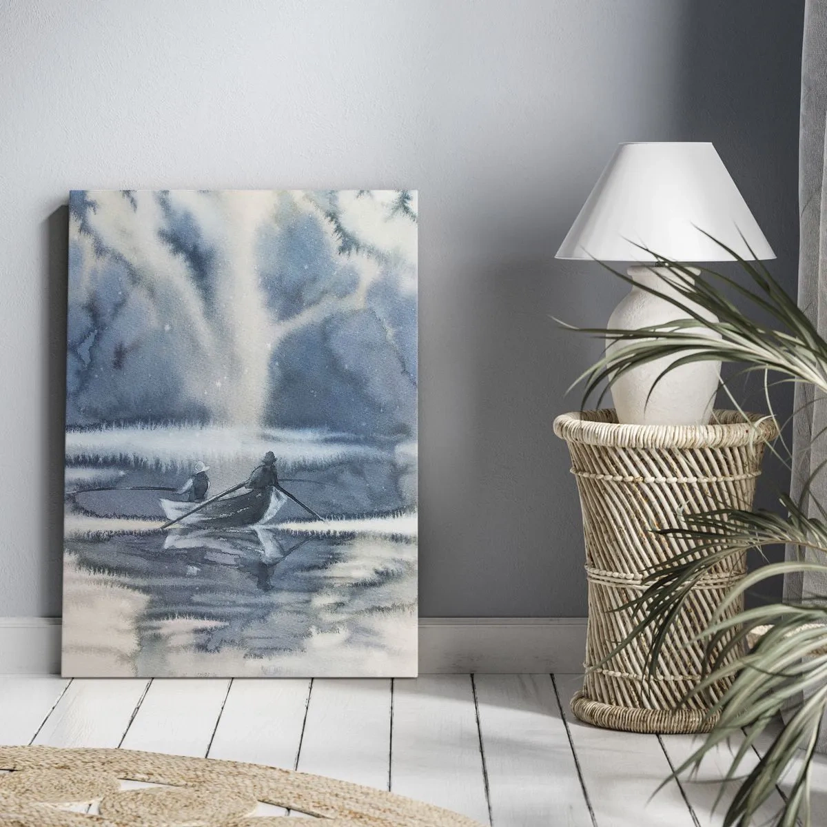Quadro su tela - Stampe su Tela - Paesaggio ad acquerello con barche su un lago circondato da una foresta nebbiosa - 70x100cm - I pescatori nel loro paradiso - Decorazione murale moderna per soggiorno e camera da letto ARTTOR