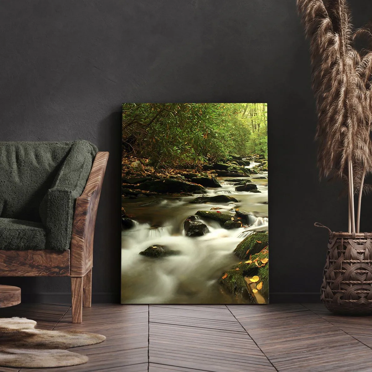 Quadro su tela - Stampe su Tela - Un ruscello nella foresta che scorre tra le pietre circondato dal verde - 80x120cm - Come argento liquido - Decorazione murale moderna per soggiorno e camera da letto ARTTOR