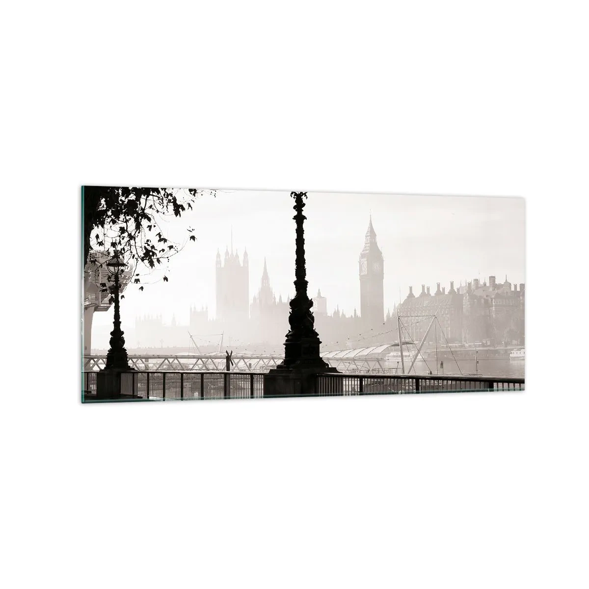 Quadro su vetro - Una vista monocromatica del Big Ben e del Tamigi. - 120x50cm - Un mattino a Londra - Decorazione murale moderna per soggiorno e camera da letto ARTTOR