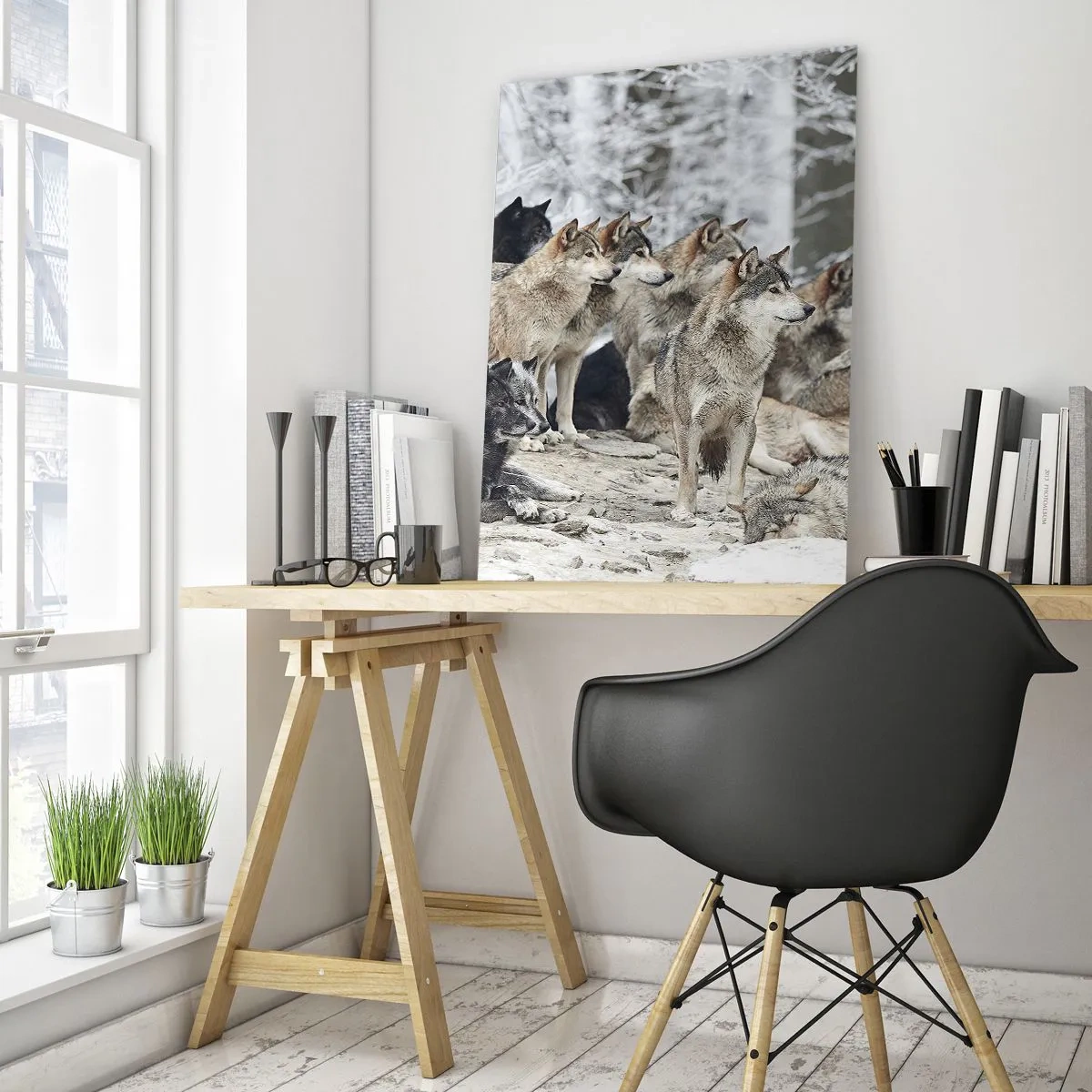 Quadro su vetro - Un branco di lupi nella foresta invernale - 50x70cm - Famiglia e amici - Decorazione murale moderna per soggiorno e camera da letto ARTTOR