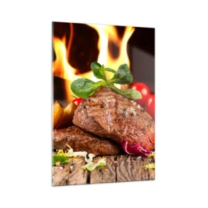 Quadro su vetro - Bistecca alla griglia con verdure sullo sfondo delle fiamme - 50x70cm - Incantate dal fuoco - Decorazione murale moderna per soggiorno e camera da letto ARTTOR