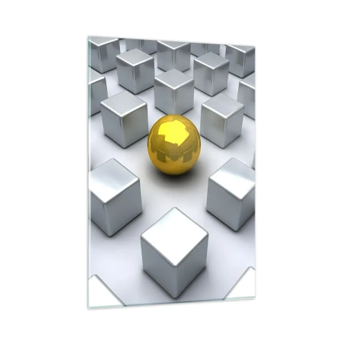 Quadro su vetro - Una sfera dorata che spicca tra i cubi d'argento - 80x120cm - Perché io? Composizione geometrica - Decorazione murale moderna per soggiorno e camera da letto ARTTOR