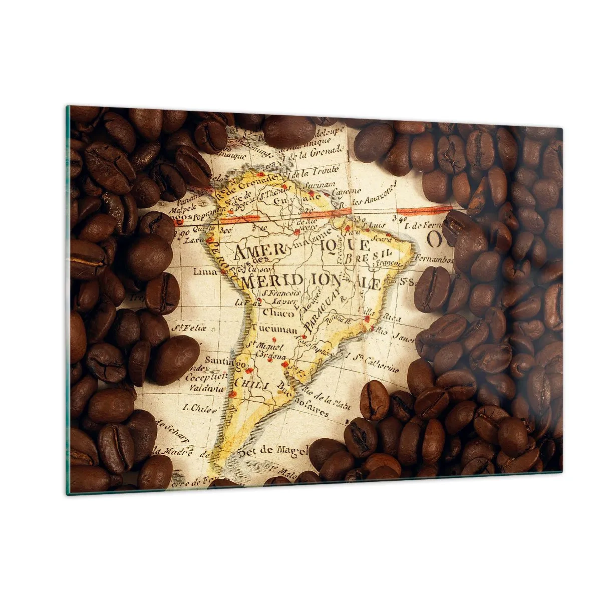 Quadro su vetro - Una mappa del Sud America circondata da chicchi di caffè. - 120x80cm - Da dove viene il miglior caffè? - Decorazione murale moderna per soggiorno e camera da letto ARTTOR