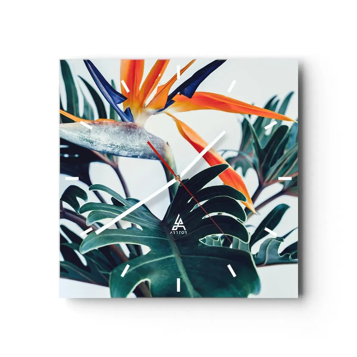 Orologio da parete - Orologio in Vetro - Fiore di Strelitzia circondato da foglie in piena luce - 30x30cm - Pianta uccello - Decorazione murale moderna per soggiorno e camera da letto ARTTOR