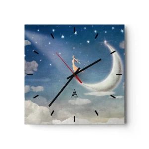 Orologio da parete - Orologio in Vetro - Una donna sulla luna circondata da stelle e nuvole - 30x30cm - Seduttrice celeste - Decorazione murale moderna per soggiorno e camera da letto ARTTOR