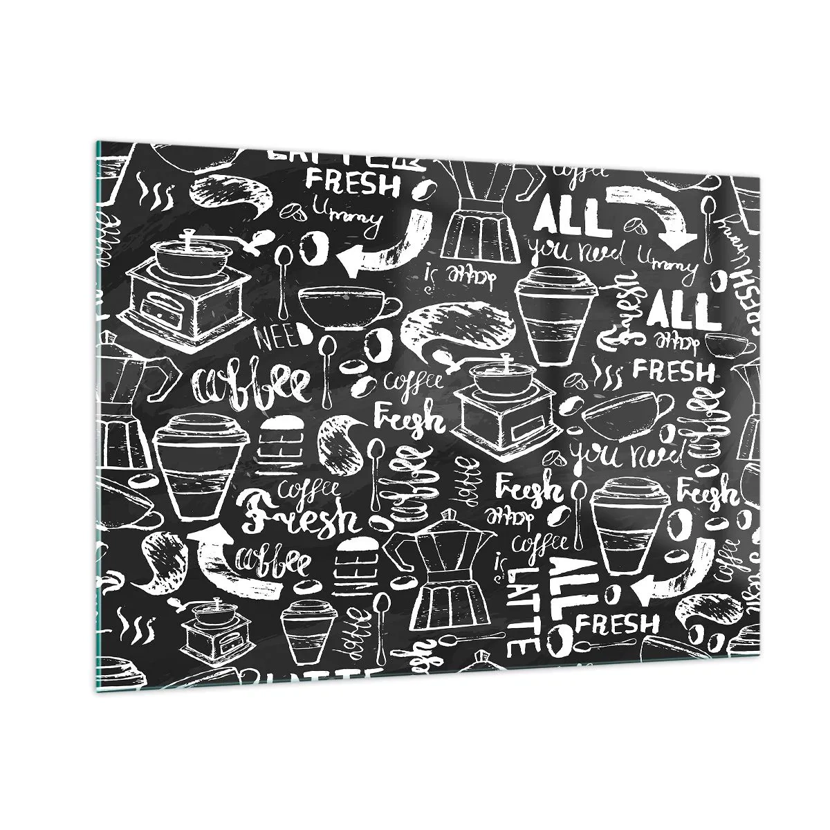 Quadro su vetro - Grafica e scritte a tema caffè su sfondo nero in stile retrò - 100x70cm - All you need is… - Decorazione murale moderna per soggiorno e camera da letto ARTTOR