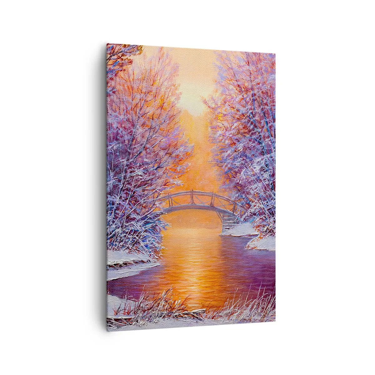 Quadro su tela - Stampe su Tela - Paesaggio invernale con ponte e tramonto - 80x120cm - Incontriamoci qui - Decorazione murale moderna per soggiorno e camera da letto ARTTOR
