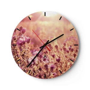 Orologio da parete - Orologio in Vetro - Fiori viola in un campo al tramonto in una luce calda - 30x30cm - Prima della fine dell'estate - Decorazione murale moderna per soggiorno, cucina e camera da letto ARTTOR