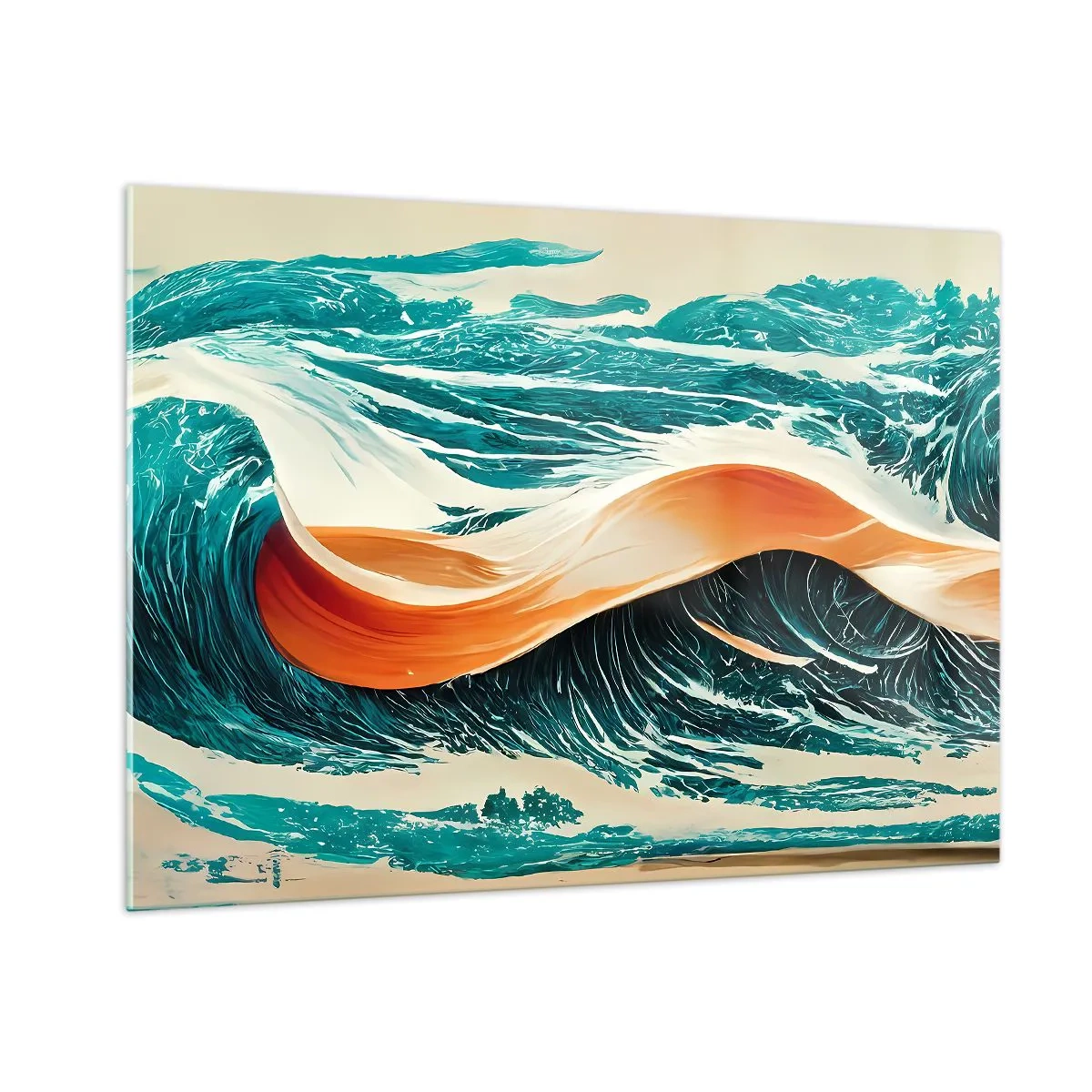 Quadro su vetro - Onde turchesi con un nastro arancione in stile surreale - 100x70cm - Il sogno del surfista - Decorazione murale moderna per soggiorno e camera da letto ARTTOR