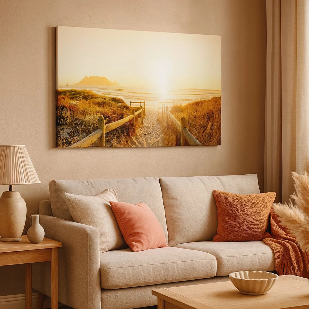 Quadro su tela - Stampe su Tela - Sentiero per la spiaggia durante un tramonto dorato - 70x50cm - Attraverso la duna, verso il sole - Decorazione murale moderna per soggiorno e camera da letto ARTTOR