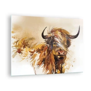 Quadro su vetro - Illustrazione ad acquerello di un toro scozzese a pelo lungo - 70x50cm - L'orgoglio del cacciatore - Decorazione murale moderna per soggiorno e camera da letto ARTTOR