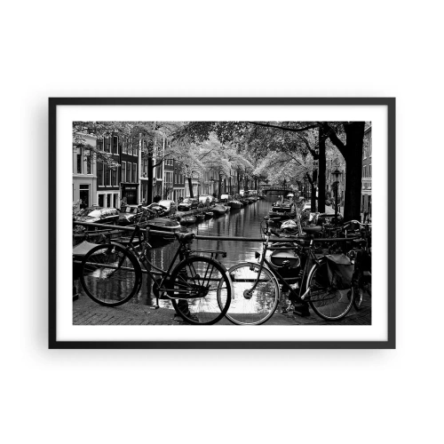 Poster in cornice nera - Canale con biciclette in fotografia in bianco e nero - 70x50cm - Vista molto olandese - Decorazione murale moderna per soggiorno e camera da letto ARTTOR