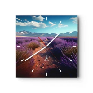 Orologio da parete - Orologio in Vetro - Un campo di lavanda con vista sulle montagne e sul cielo azzurro - 30x30cm - Campi profumati - Decorazione murale moderna per soggiorno e camera da letto ARTTOR