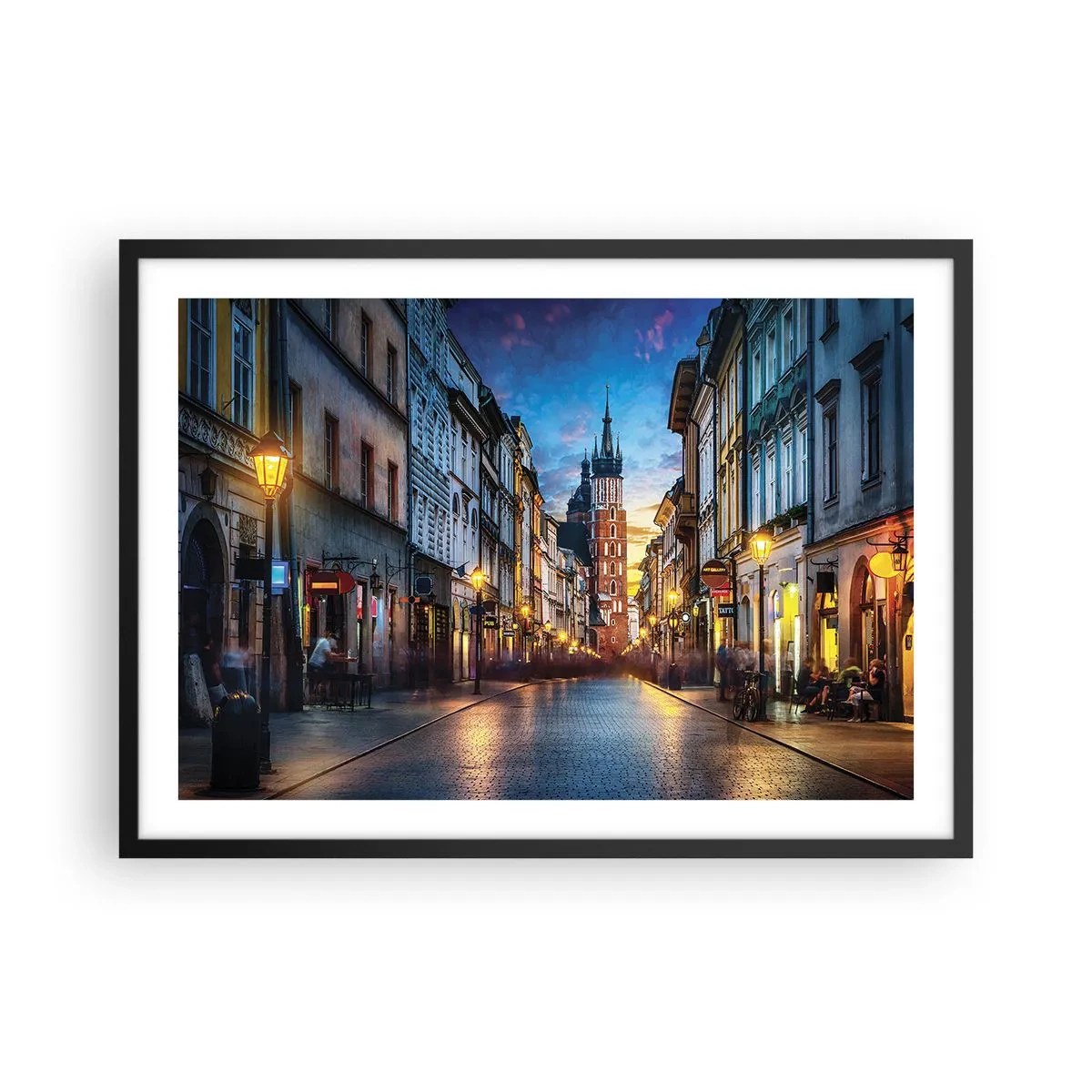 Poster in cornice nera - Strada serale con vista sulla Cattedrale di Cracovia - 70x50cm - La magia di Cracovia - Decorazione murale moderna per soggiorno e camera da letto ARTTOR
