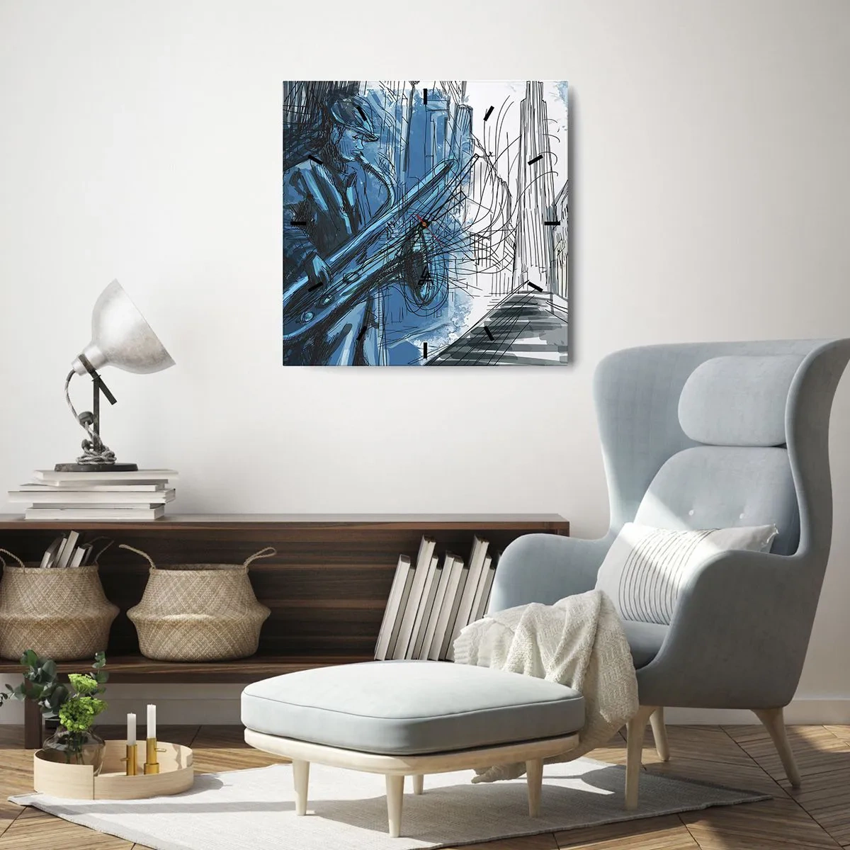 Orologio da parete - Orologio in Vetro - Una figura che suona il sassofono sullo sfondo di una città - 30x30cm - Rapsodia urbana - Decorazione murale moderna per soggiorno e camera da letto ARTTOR