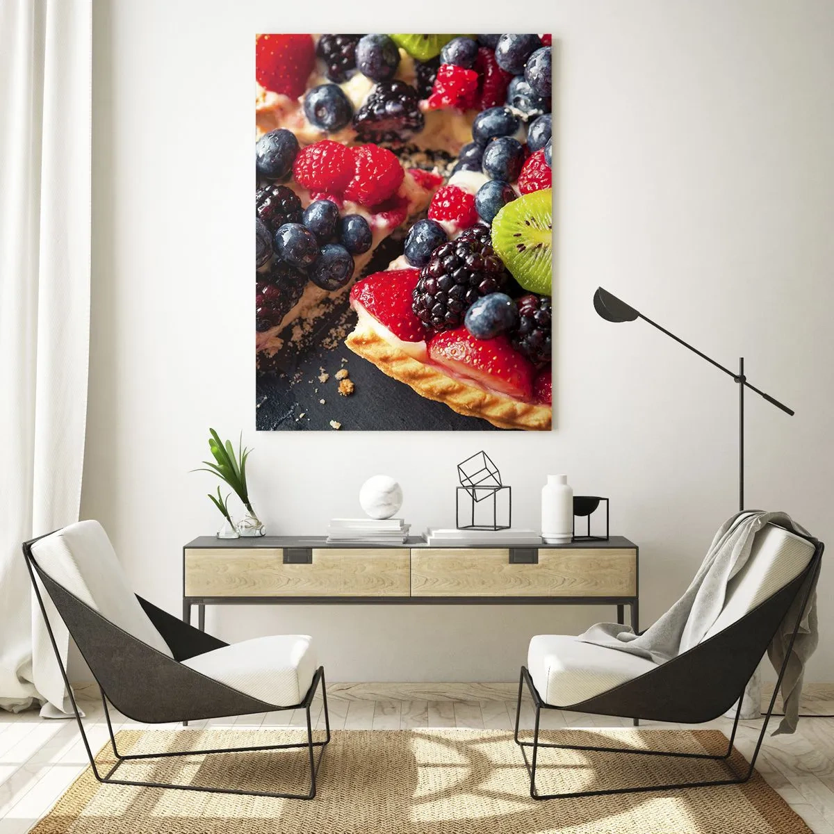 Quadro su vetro - Crostata di frutta con mirtilli, kiwi e fragole - 50x70cm - Dolce vita! - Decorazione murale moderna per soggiorno e camera da letto ARTTOR