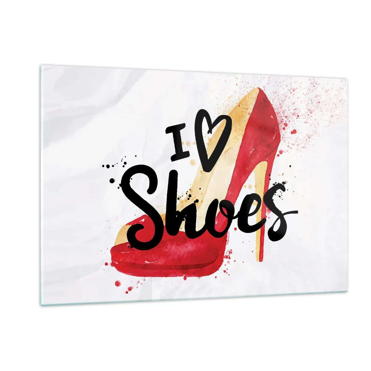 Quadro su vetro - Un tacco alto rosso e la scritta "I love shoes" su uno sfondo chiaro - 120x80cm - Gli amori sono tanti - Decorazione murale moderna per soggiorno e camera da letto ARTTOR