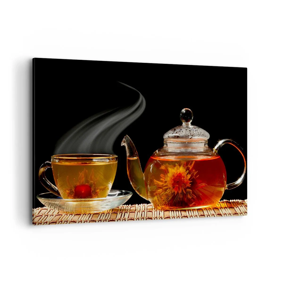 Quadro su tela - Stampe su Tela - Teiera di vetro con tè ai fiori e una tazza - 120x80cm - La magia e l'arte del tè - Decorazione murale moderna per soggiorno e camera da letto ARTTOR
