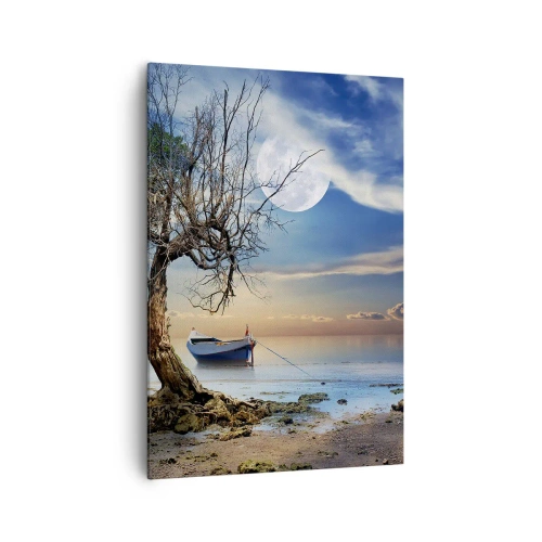 Quadro su tela - Stampe su Tela - Un albero solitario e una barca su acque calme sotto la luna piena. - 70x100cm - È la fine o l'inizio? - Decorazione murale moderna per soggiorno e camera da letto ARTTOR