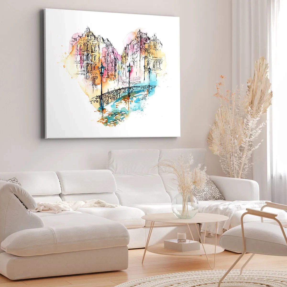 Quadro su tela - Stampe su Tela - Acquerello di un ponte e case popolari a forma di cuore - 120x80cm - Il cuore della città - Decorazione murale moderna per soggiorno e camera da letto ARTTOR