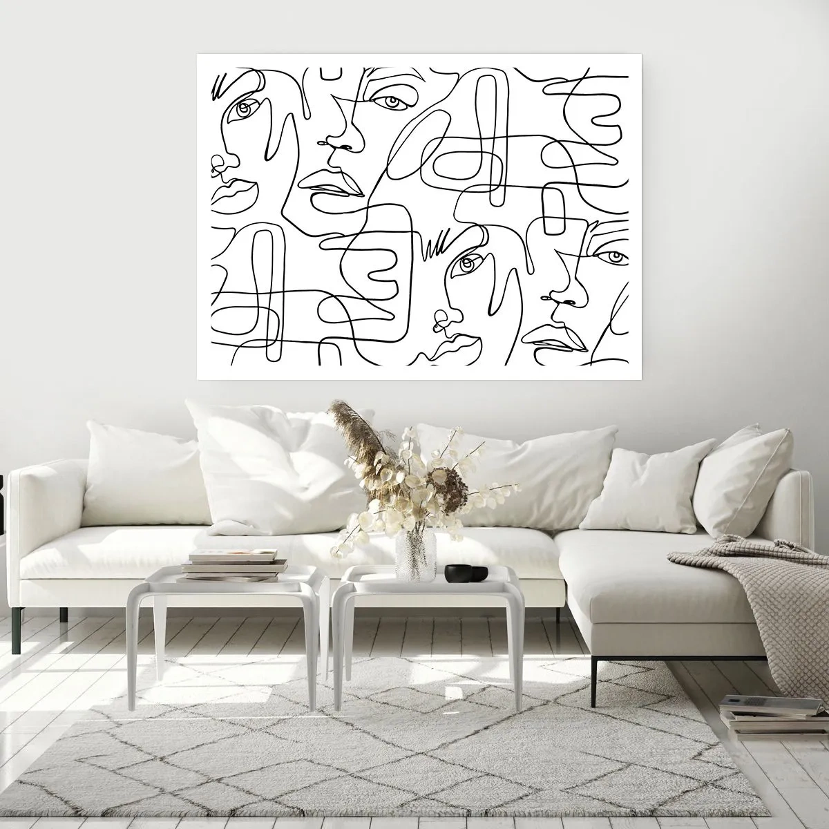 Poster - Un disegno minimalista di un viso con linee su uno sfondo chiaro. - 100x70cm - Emozioni intrecciate - Decorazione murale moderna per soggiorno e camera da letto ARTTOR