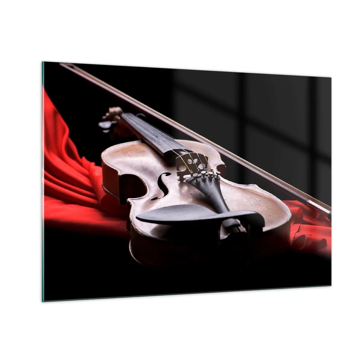 Quadro su vetro - Violino su tessuto rosso su sfondo nero - 100x70cm - La musica dei sentimenti - Decorazione murale moderna per soggiorno e camera da letto ARTTOR