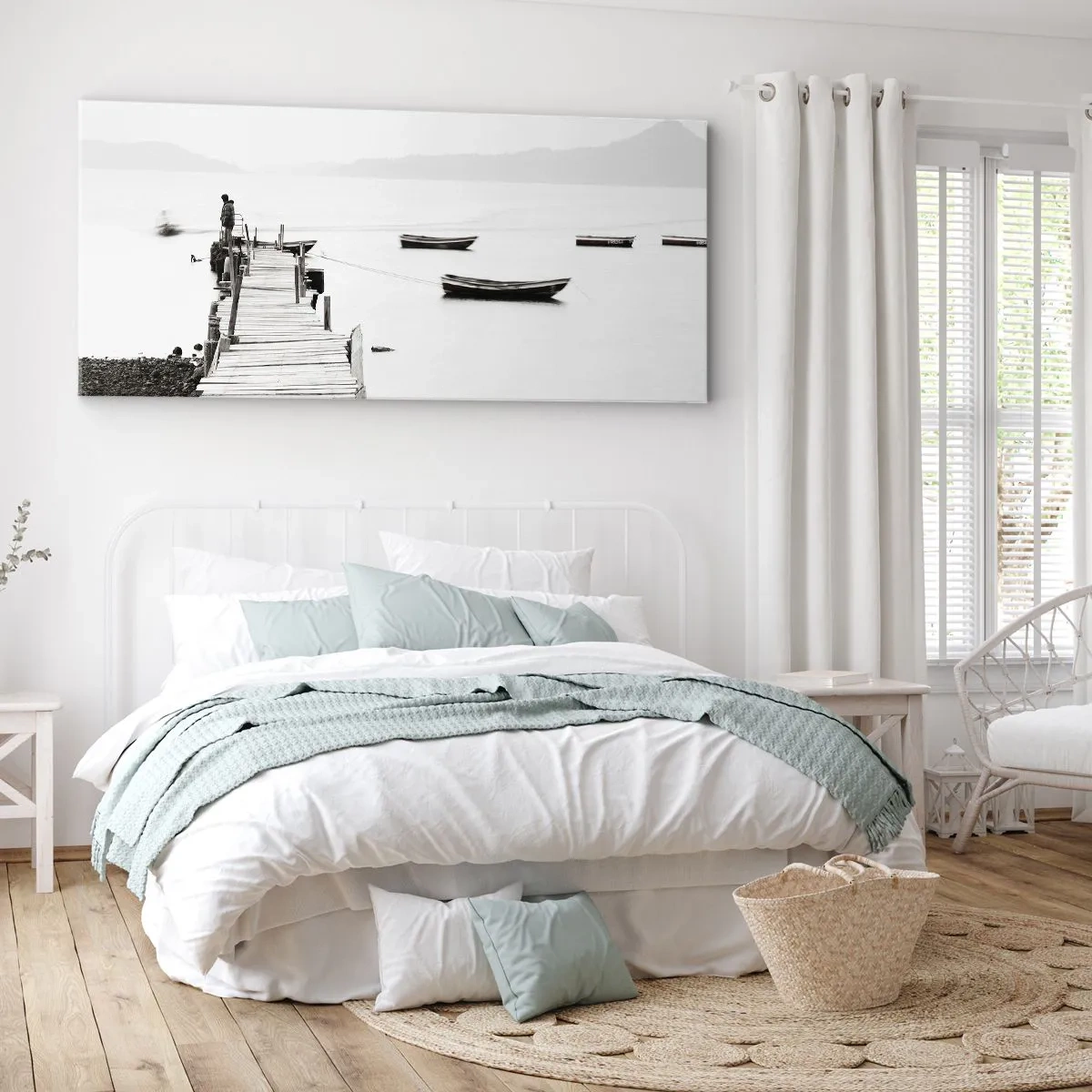 Quadro su tela - Stampe su Tela - Molo di legno e barche in acque calme - 140x50cm - Sull'acqua silenziosa e pura - Decorazione murale moderna per soggiorno e camera da letto ARTTOR