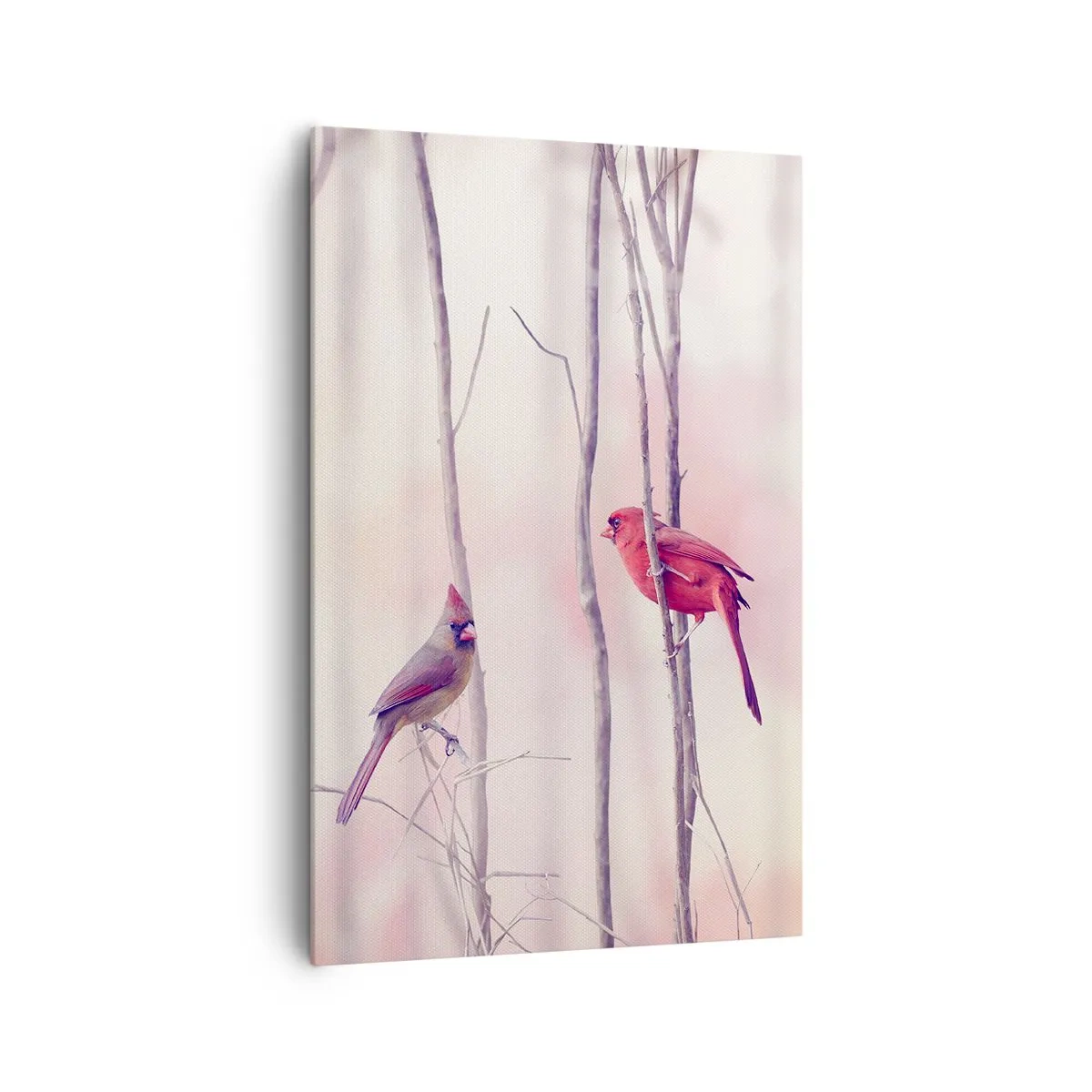 Quadro su tela - Stampe su Tela - Una coppia di cardinali appollaiati sui rami in un paesaggio pastello - 80x120cm - Il racconto del bosco rosa - Decorazione murale moderna per soggiorno e camera da letto ARTTOR