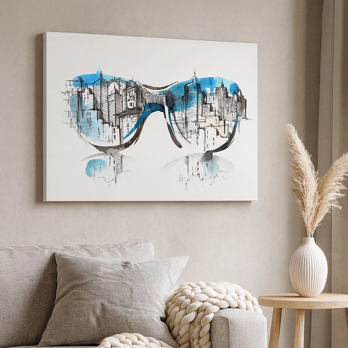 Quadro su tela - Stampe su Tela - Acquerello del panorama cittadino riflesso negli occhiali - 70x50cm - Chic della grande città - Decorazione murale moderna per soggiorno e camera da letto ARTTOR