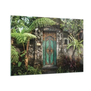 Quadro su vetro - Porta turchese decorata in un muro di pietra circondato da vegetazione tropicale - 100x70cm - Le porte verso un mondo esotico - Decorazione murale moderna per soggiorno e camera da letto ARTTOR