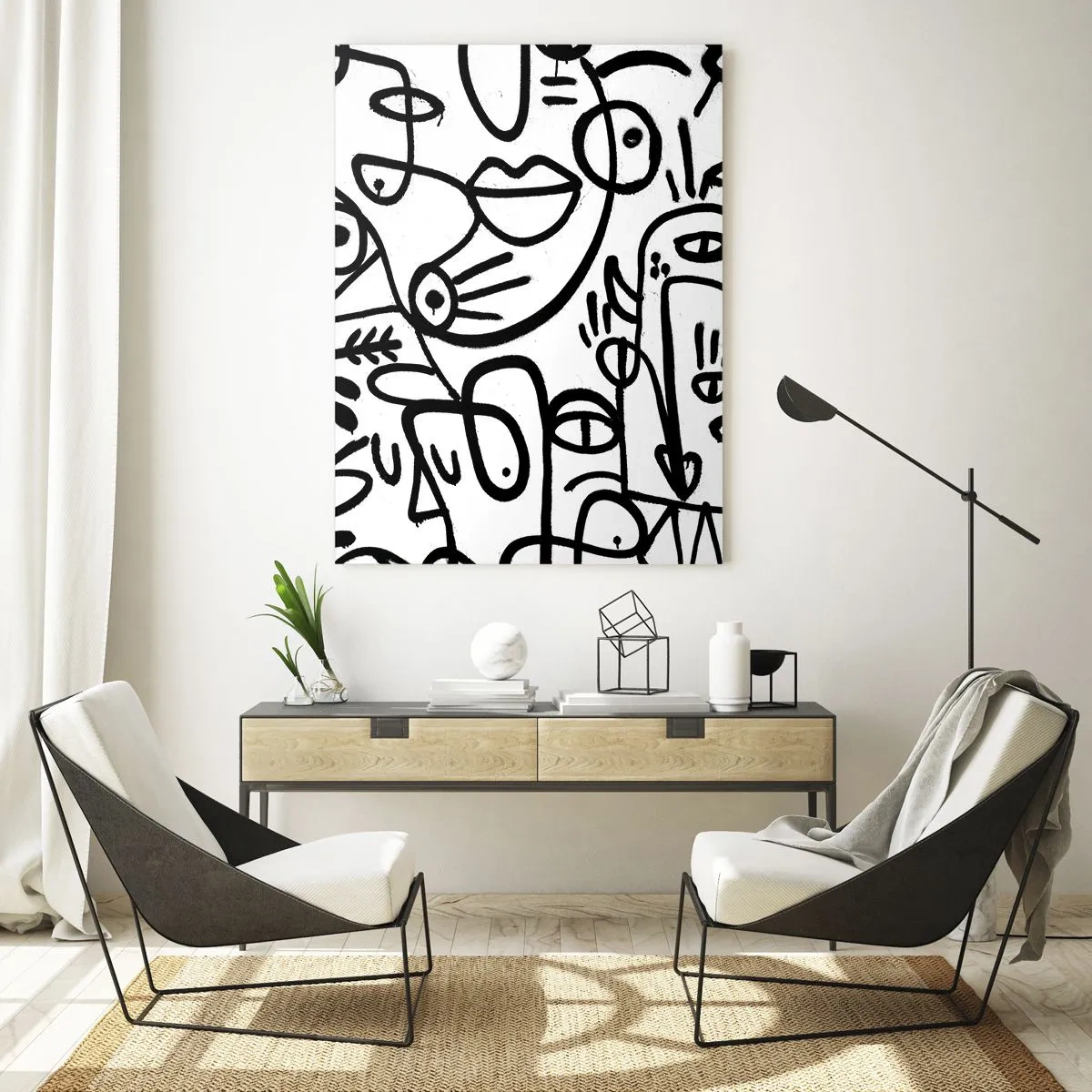 Quadro su vetro - Disegni astratti in bianco e nero con motivi facciali - 70x100cm - Volti e miraggi - Decorazione murale moderna per soggiorno e camera da letto ARTTOR