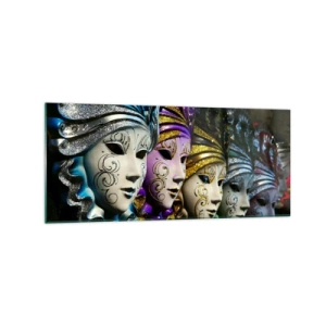 Quadro su vetro - Maschere veneziane in vari colori con motivi decorativi - 120x50cm - Mistero in oro e argento - Decorazione murale moderna per soggiorno e camera da letto ARTTOR