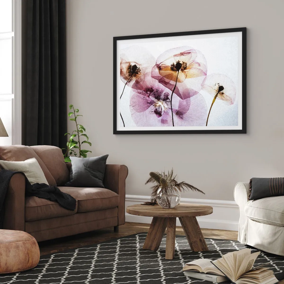 Poster in cornice nera - Delicati fiori trasparenti in tonalità pastello - 70x50cm - Fiori trasparenti - Decorazione murale moderna per soggiorno e camera da letto ARTTOR