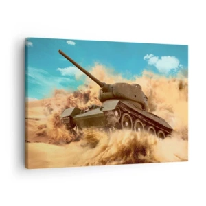 Quadro su tela - Stampe su Tela - Un carro armato in azione nel deserto, circondato da polvere di sabbia. - 70x50cm - Imbattibile - Decorazione murale moderna per soggiorno e camera da letto ARTTOR