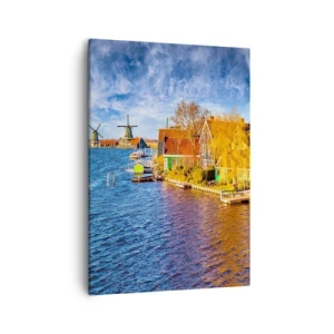 Quadro su tela - Stampe su Tela - Case pittoresche e mulini a vento in riva all'acqua - 50x70cm - Da secoli immutabile - Decorazione murale moderna per soggiorno e camera da letto ARTTOR