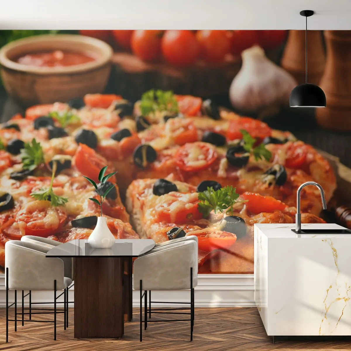 Fotomurale su misura Premium Sand - Te la sei nuovamente cavata - Gastronomia, Pizza, Pomodoro